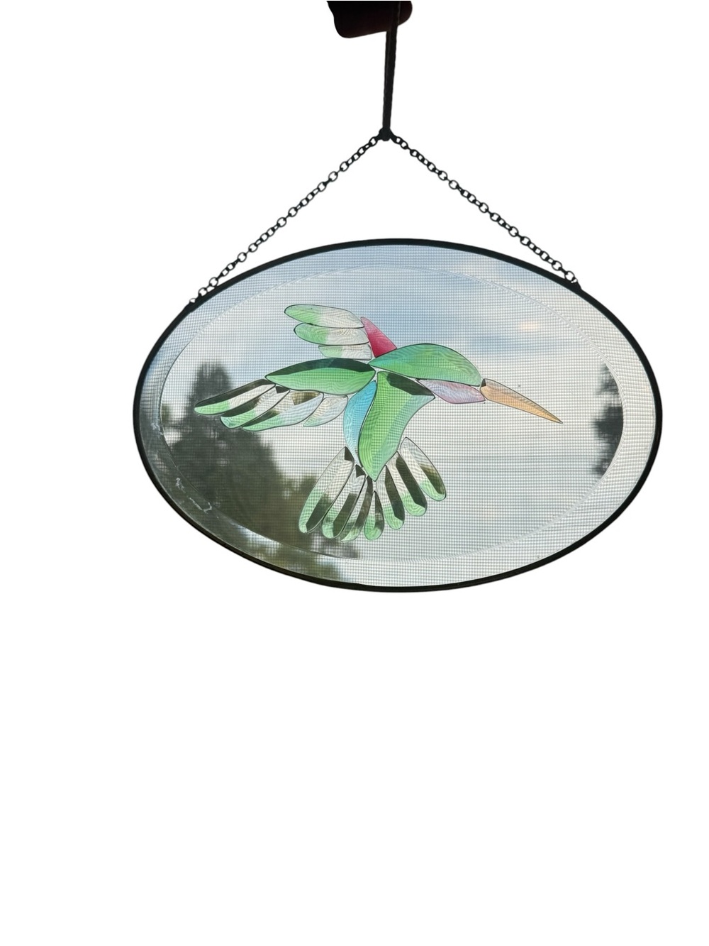 Stained Glass Hummingbird Suncatcher Window Panel - Green and Pink Accent